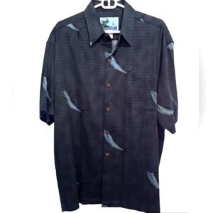 Blue Water Shirt Men Medium Grey Sword Fish Button Down Travel Beach Hawaiian
